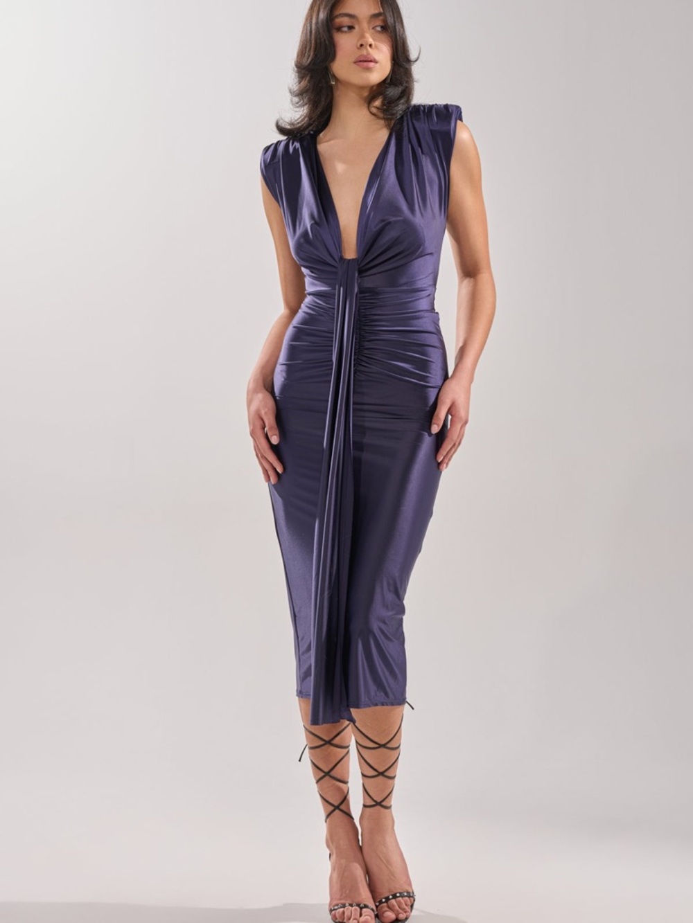 AKIRA Satin Plunge Ruched Midi Dress in Deep Purple